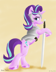 Size: 2200x2800 | Tagged: safe, artist:rockhoppr3, character:starlight glimmer, species:pony, species:unicorn, g4, armor, bipedal, bipedal leaning, female, high res, leaning, looking at you, mare, simple background, solo, sword, unshorn fetlocks, weapon