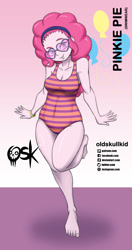 Size: 984x1860 | Tagged: safe, artist:oldskullkid, character:pinkie pie, species:eqg human, g4, my little pony:equestria girls, barefoot, belly button, breasts, cleavage, clothing, feet, female, glasses, legs, one-piece swimsuit, skin, solo, sunglasses, swimsuit, thighs