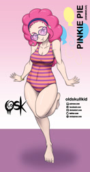 Size: 984x1860 | Tagged: safe, alternate version, artist:oldskullkid, character:pinkie pie, species:human, g4, my little pony:equestria girls, barefoot, belly button, breasts, cleavage, clothing, feet, female, glasses, human coloration, legs, light skin, one-piece swimsuit, skin, solo, sunglasses, swimsuit, thighs