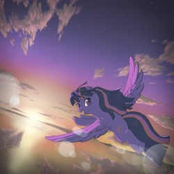 Size: 2577x2577 | Tagged: safe, artist:yanamosuda, character:twilight sparkle, character:twilight sparkle (alicorn), species:alicorn, species:pony, g4, album cover, bokeh, cloud, female, flying, looking back, mare, open mouth, sky, solo, spread wings, wings