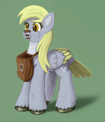 Size: 1800x2100 | Tagged: safe, artist:redquoz, character:derpy hooves, species:bird, species:pegasus, species:pony, g4, alternate design, bird pone, bird tail, colored belly, cute, derp, ear fluff, feathered tail, feed bag, female, fluffy, food, green background, messy eating, muffin, painting, paintstorm studio, shadow, shiny hoof, simple background, solo, three quarter view, two toned wings, wings