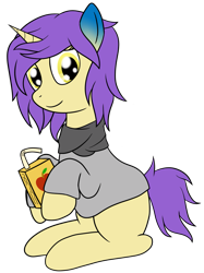 Size: 855x1141 | Tagged: safe, artist:cloudy95, oc, species:pony, species:unicorn, g4, clothing, female, juice, juice box, mare, shirt, simple background, solo, transparent background