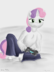 Size: 1800x2400 | Tagged: safe, artist:rockhoppr3, character:sweetie belle, species:anthro, species:pony, species:unguligrade anthro, species:unicorn, g4, arm hooves, chest fluff, clothing, dualshock controller, female, gamer belle, pants, partial nudity, semi-anthro, shoulder fluff, solo, topless, unshorn fetlocks