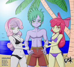 Size: 2000x1799 | Tagged: safe, alternate version, artist:oldskullkid, character:apple bloom, character:spike, character:sweetie belle, ship:spikebelle, ship:spikebloom, g4, my little pony:equestria girls, apple bloom's bow, beach, bikini, bow, clothing, commission, female, hair bow, human spike, male, ocean, shipping, shorts, straight, swimsuit, tree, water