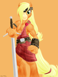 Size: 1800x2400 | Tagged: safe, artist:rockhoppr3, character:applejack, species:anthro, species:earth pony, species:pony, g4, g5 leak, applejack (g5), applejacked, arm hooves, claymore, clothing, female, kilt, looking at you, muscles, muscular female, semi-anthro, solo, sword, unshorn fetlocks, weapon