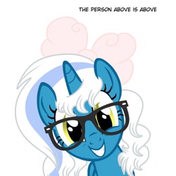 Size: 1024x1024 | Tagged: safe, artist:riofluttershy, oc, oc:fleurbelle, species:alicorn, species:pony, g4, adorabelle, adorkable, alicorn oc, bow, cute, dork, female, glasses, hair bow, horn, mare, meme, smiling, solo, wings, yellow eyes, you don't say