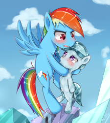 Size: 1082x1200 | Tagged: safe, artist:hua, character:glass slipper, character:rainbow dash, species:crystal pony, species:pony, episode:games ponies play, g4, my little pony: friendship is magic, blushing, carrying, cloud, cloudy, crystal empire, crystal filly, embarrassed, filly, flying, open mouth, pouting, scene interpretation