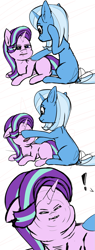 Size: 561x1473 | Tagged: safe, artist:mranthony2, character:starlight glimmer, character:trixie, species:pony, species:unicorn, g4, boop, comic strip, exclamation point, meme, missing cutie mark, rough sketch, scrunchy face, simple background, sketch, white background