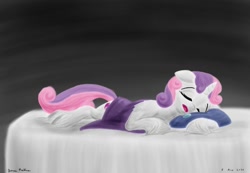 Size: 1024x709 | Tagged: safe, artist:rockhoppr3, character:sweetie belle, species:pony, species:unicorn, g4, bed, blanket, cute, diasweetes, drool, eyes closed, female, pillow, sleeping, solo, unshorn fetlocks