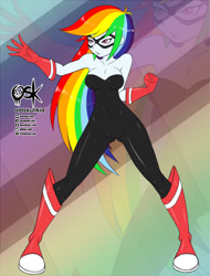 Size: 1668x2200 | Tagged: safe, artist:oldskullkid, character:rainbow dash, species:eqg human, g4, my little pony:equestria girls, bare shoulders, bodysuit, boots, breasts, cleavage, clothing, converse, costume, female, gloves, latex, mask, shoes, sleeveless, solo, strapless, superhero, zoom layer