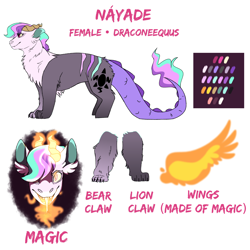 Size: 3000x3000 | Tagged: safe, artist:glitterstar2000, oc, oc only, oc:nayade, parent:discord, parent:princess celestia, parents:dislestia, species:draconequus, g4, artificial wings, augmented, draconequus oc, female, fire, hybrid, interspecies offspring, magic, magic wings, offspring, reference sheet, simple background, solo, white background, wings