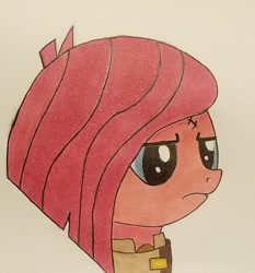Size: 1751x1876 | Tagged: safe, artist:polar_storm, character:pinkamena diane pie, character:pinkie pie, species:earth pony, species:pony, g4, alternate timeline, apinkalypse pie, blue eyes, bust, clothing, colored sketch, crystal war timeline, determined, female, frown, mare, scar, simple background, solo, traditional art, uniform, white background