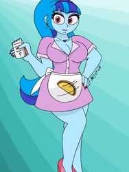 Size: 1932x2576 | Tagged: safe, artist:c_w, character:sonata dusk, g4, my little pony:equestria girls, apron, breasts, busty sonata dusk, cleavage, clothing, ear piercing, earring, eyelashes, eyeshadow, food, hand on hip, jewelry, legs, looking at you, makeup, nail polish, pendant, piercing, plump, smiling, sonataco, taco, waitress