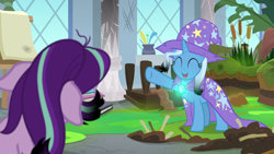 Size: 800x450 | Tagged: safe, artist:disneymarvel96, edit, edited screencap, editor:disneymarvel96, screencap, character:starlight glimmer, character:trixie, episode:a horse shoe-in, g4, my little pony: friendship is magic, brooch, cape, clasp, clothing, duo, glow, hat, trixie's cape, trixie's glowing brooch, trixie's hat