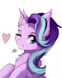 Size: 960x1200 | Tagged: safe, artist:lunar froxy, character:starlight glimmer, species:pony, species:unicorn, g4, bust, cheek fluff, chest fluff, cute, ear fluff, female, fluffy, glimmerbetes, heart, leg fluff, mare, one eye closed, redraw, simple background, smiling, solo, white background, wink