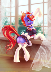 Size: 927x1300 | Tagged: safe, artist:limreiart, oc, oc only, oc:fer, species:pony, species:unicorn, g4, blushing, butt, clothing, maid, outfit, plot, solo, window