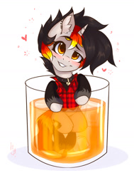 Size: 1215x1605 | Tagged: safe, artist:falafeljake, oc, oc:moonshine, species:pony, species:unicorn, g4, alcohol, clothing, collar, cup, cup of pony, drunk, flannel, floating heart, heart, micro, piercing, shirt, solo, stockings, thigh highs, whiskey