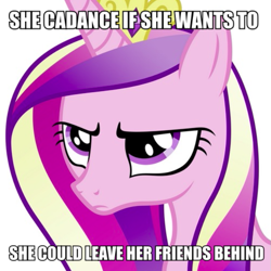 Size: 621x622 | Tagged: safe, artist:stabzor, character:princess cadance, species:alicorn, species:pony, g4, cadance is not amused, caption, female, frown, image macro, mare, men without hats, name pun, pun, safety dance, simple background, solo, song reference, text, unamused
