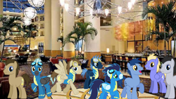 Size: 1920x1080 | Tagged: safe, artist:chainchomp2 edit, character:blues, character:doctor whooves, character:lucky clover, character:noteworthy, character:soarin', character:star hunter, character:thunderlane, character:time turner, species:pony, g4, hotel, irl, lobby, male, photo, ponies in real life, stallion, thorn (character)