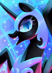Size: 1280x1811 | Tagged: safe, artist:wavecipher, character:nightmare moon, character:princess luna, species:alicorn, species:pony, g4, bust, colored pupils, female, looking at you, mare, open mouth, portrait, profile, slit pupils, spread wings, wings