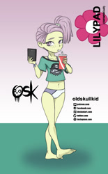 Size: 984x1592 | Tagged: safe, artist:oldskullkid, g4, my little pony:equestria girls, barefoot, belly button, bikini, blushing, cellphone, clothing, drinking, drinking straw, feet, lily pad (equestria girls), midriff, phone, short shirt, smartphone, swimsuit, younger