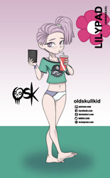 Size: 984x1592 | Tagged: safe, alternate version, artist:oldskullkid, g4, my little pony:equestria girls, barefoot, belly button, bikini, blushing, cellphone, clothing, drinking, drinking straw, feet, light skin, lily pad (equestria girls), midriff, phone, short shirt, smartphone, swimsuit, younger