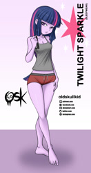 Size: 984x1860 | Tagged: safe, artist:oldskullkid, character:twilight sparkle, character:twilight sparkle (eqg), species:eqg human, g4, my little pony:equestria girls, barefoot, breasts, cleavage, clothing, feet, female, legs, looking at you, pajamas, sleeveless, solo