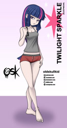 Size: 984x1860 | Tagged: safe, alternate version, artist:oldskullkid, character:twilight sparkle, character:twilight sparkle (eqg), species:eqg human, g4, my little pony:equestria girls, barefoot, breasts, cleavage, clothing, feet, female, legs, looking at you, pajamas, sleeveless, solo