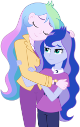 Size: 2251x3531 | Tagged: safe, artist:famousmari5, edit, editor:slayerbvc, character:princess celestia, character:princess luna, character:principal celestia, character:vice principal luna, g4, my little pony:equestria girls, affection, best sisters, big sislestia, comforting, cute, cutelestia, equestria's best big sister, female, head on head, height difference, hug, lunabetes, no makeup edit, onee-sama, siblings, simple background, sisterly love, sisters, transparent background, vector, vector edit, vice principal luna