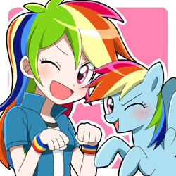 Size: 680x680 | Tagged: safe, artist:ryuu, edit, editor:michaelsety, character:rainbow dash, species:human, species:pegasus, species:pony, g4, my little pony:equestria girls, anime, blushing, clothing, color edit, colored, cute, dashabetes, female, human coloration, human ponidox, jacket, light skin edit, looking at you, mare, one eye closed, open mouth, ponidox, self ponidox, simple background, skin color edit, whitewashing, wink, wristband
