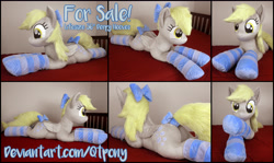 Size: 5141x3060 | Tagged: safe, artist:qtpony, character:derpy hooves, species:pony, g4, bow, clothing, hair bow, irl, life size, lying down, photo, plushie, prone, socks, solo, stockings, striped socks, tail bow