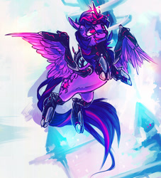 Size: 1000x1100 | Tagged: safe, artist:syntactics, character:twilight sparkle, character:twilight sparkle (alicorn), species:alicorn, species:pony, g4, armor, cyberpunk, cyborg, female, flying, glowing horn, horn, rearing, solo, wings