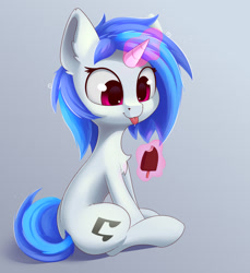 Size: 1288x1408 | Tagged: safe, artist:anti1mozg, character:dj pon-3, character:vinyl scratch, species:pony, species:unicorn, g4, chest fluff, cute, eating, female, food, glowing horn, horn, magic, mare, popsicle, sitting, solo, tongue out, vinylbetes