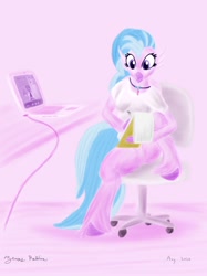 Size: 1024x1366 | Tagged: safe, artist:rockhoppr3, character:silverstream, character:twilight sparkle, species:alicorn, species:classical hippogriff, species:hippogriff, species:pony, g4, bottomless, chair, clothing, computer, desk, featureless crotch, jewelry, laptop computer, necklace, notepad, partial nudity, solo, we don't normally wear clothes, webcam, zoom