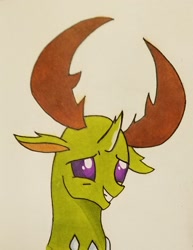 Size: 1625x2106 | Tagged: safe, artist:polar_storm, character:thorax, species:changedling, species:changeling, species:pony, species:reformed changeling, g4, bust, colored sketch, male, purple eyes, sheepish grin, simple background, smiling, solo, stallion, traditional art, white background