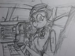 Size: 680x505 | Tagged: safe, artist:buckweiser, character:fluttershy, g4, b-2 spirit, cockpit, female, pilot, sketch, smiling, solo, stealth bomber, traditional art