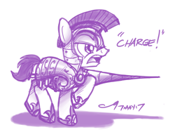 Size: 4000x3000 | Tagged: safe, artist:buckweiser, g4, armor, charging, high res, jousting, male, monochrome, open mouth, raised hoof, random pony, royal guard, sketch, solo
