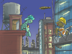 Size: 4000x3000 | Tagged: safe, artist:buckweiser, species:pegasus, species:pony, g4, airship, city, cityscape, construction pony, happy, looking at each other, random oc, sketch, talking, water tower, zeppelin