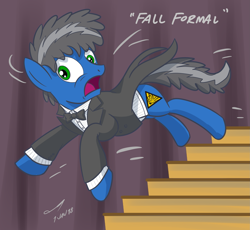 Size: 2343x2160 | Tagged: safe, artist:buckweiser, oc, oc only, oc:buckminster, species:earth pony, species:pony, g4, clothing, fall formal, falling, pun, solo, stairs, tuxedo