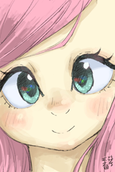 Size: 1200x1800 | Tagged: safe, artist:yanamosuda, character:fluttershy, species:eqg human, g4, ambiguous facial structure, blushing, bust, close-up, female, full face view, head tilt, looking at you, portrait, smiling, solo, stray strand