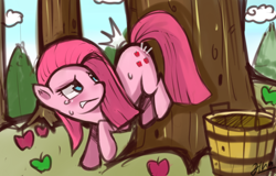Size: 1000x640 | Tagged: safe, artist:hua, character:pinkamena diane pie, character:pinkie pie, episode:magical mystery cure, g4, my little pony: friendship is magic, bucking, female, scene interpretation, solo, swapped cutie marks, tree