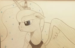 Size: 1909x1220 | Tagged: safe, artist:polar_storm, character:princess luna, species:alicorn, species:pony, g4, angry, blue eyes, female, frown, mare, monochrome, neo noir, partial color, simple background, solo, traditional art, white background