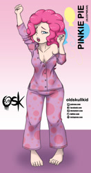 Size: 984x1860 | Tagged: safe, alternate version, artist:oldskullkid, character:pinkie pie, species:human, g4, barefoot, breasts, busty pinkie pie, cleavage, clothing, feet, female, humanized, pajamas, solo