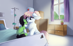 Size: 8000x5000 | Tagged: safe, artist:lunar froxy, character:nurse redheart, oc, self insert, species:earth pony, species:pony, species:unicorn, fanfic:trust once lost, g4, bed, broken leg, cast, clothing, comforting, cover art, cute, fanfic art, female, filly, hat, hospital, hospital bed, hurt/comfort, injured, mare, missing cutie mark, nurse, nurse hat, panic, panic attack, panicking, pillow, scared