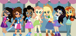 Size: 3000x1424 | Tagged: safe, artist:lynnthenerdkitty, base used, character:applejack, character:fluttershy, character:pinkie pie, character:rainbow dash, character:rarity, character:sunset shimmer, character:twilight sparkle, character:twilight sparkle (scitwi), species:eqg human, g4, my little pony:equestria girls, clothing, female, glasses, group, happy, human coloration, humane five, humane seven, humane six, jacket, leggings, natural hair color, open mouth, shirt, shoes, skirt, smiling, socks, t-shirt, tank top, waving, wristband