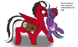 Size: 1280x772 | Tagged: safe, artist:lynnthenerdkitty, oc, oc only, oc:charming dazz, oc:shatter misty cloud, species:pegasus, species:pony, species:unicorn, g4, age regression, bag, diaper, eyes closed, mouth hold, open mouth, ponified, saddle bag, scruff, shatter (transformers), simple background, transformers, transparent background, whining