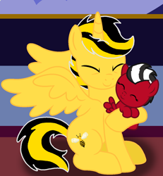 Size: 1088x1180 | Tagged: safe, artist:lynnthenerdkitty, oc, oc:shatter misty cloud, species:alicorn, species:pegasus, species:pony, g4, baby, baby pony, bumblebee, eyes closed, hug, ponified, shatter (transformers), smiling, transformers, younger
