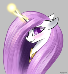 Size: 1280x1400 | Tagged: safe, artist:renarde-louve, character:princess celestia, g4, blushing, glowing horn, horn, jewelry, pink mane, regalia, smiling
