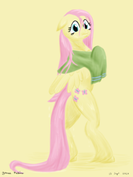 Size: 1800x2400 | Tagged: safe, artist:rockhoppr3, character:fluttershy, species:pegasus, species:pony, g4, bipedal, female, looking at you, mare, solo, towel, unshorn fetlocks, wet, wet mane