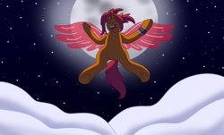 Size: 1280x772 | Tagged: safe, artist:lynnthenerdkitty, species:alicorn, species:pony, species:unicorn, g4, artificial alicorn, artificial wings, augmented, change, cloud, eyes closed, flying, full moon, lyrics in the description, moon, night, open mouth, ponified, sari sumdac, singing, transformers, wings, wristband